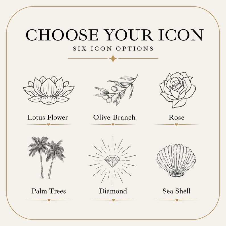 Pu&ograve; includere: Grafica beige con il testo "CHOOSE YOUR ICON" e sei opzioni di icone: un fiore di loto, un ramo d'ulivo, una rosa, palme, un diamante e una conchiglia. Ogni icona &egrave; un disegno a tratto nero con il suo nome sotto.