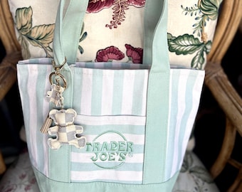 Custom Trader Joe's Striped Mini Canvas Tote with Teddy Bear Keychains, TJ Striped Mini Tote with Key Charm, Bachelorette Party Favors