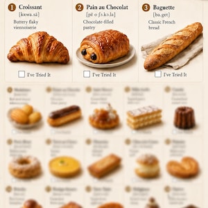 May include: A poster titled 25 Must Try Bakery & Patisserie Foods in France featuring illustrations of a croissant, pain au chocolat, and baguette with checkboxes labeled I've Tried It. The design includes text, phonetic guides, and blurred images.