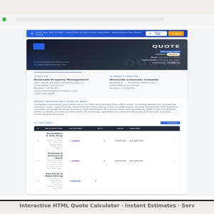 Può includere: Screenshot di un calcolatore di preventivi HTML interattivo. Il documento mostra un preventivo con dettagli tra cui il nome dell'azienda, la posizione del progetto e i costi dettagliati per demolizioni, intelaiatura e lavori elettrici. Il testo "QUOTE" è ben visibile.