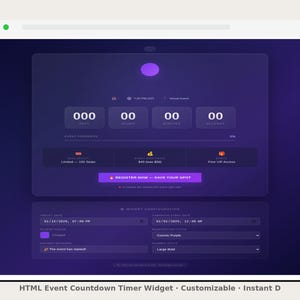 Puede incluir: Interfaz digital en morado y azul oscuro. Muestra un temporizador de cuenta regresiva con días, horas, minutos y segundos. El texto "REGISTER NOW - SAVE YOUR SPOT" es visible. El texto "HTML Event Countdown Timer Widget - Customizable - Instant D" está en la parte inferior.