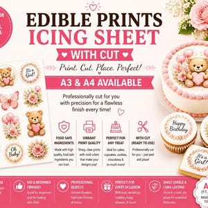 May include: Edible icing sheet with cut-out designs for cakes, cupcakes, and cookies. The sheet features teddy bears, butterflies, and floral elements. A3 size is 29.7 x 42 cm, with a max printing area of 27.2 x 39.4 cm. The text says "Happy Birthday" and "It's a Girl!"