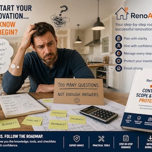May include: An image promoting home renovation guidance. A man looks stressed, surrounded by notes and a book titled "Contracts, Scope & Payments Protection." Text includes "Too Many Questions. Not Enough Answers."