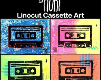 Handmade Linocut Cassette Tape Art | Retro Music Decor | Custom Color Background