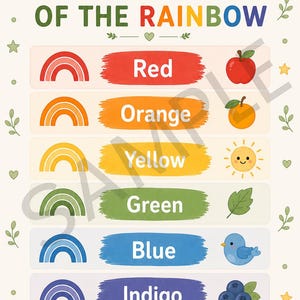 May include: An educational poster titled Colours of the Rainbow by little ease co. Calm Tools for Kids. It features seven horizontal rows, each displaying a rainbow icon, a color name, and a corresponding illustration: red apple, orange, yellow sun, green leaf, blue bird, indigo blueberries, and violet flower.