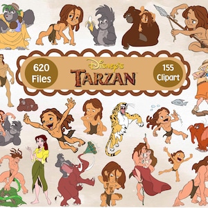 May include: A collection of Disney's Tarzan clipart images. The images feature various characters from the movie, including Tarzan, Jane, and gorillas. The images are in a cartoon style and are suitable for various creative projects.