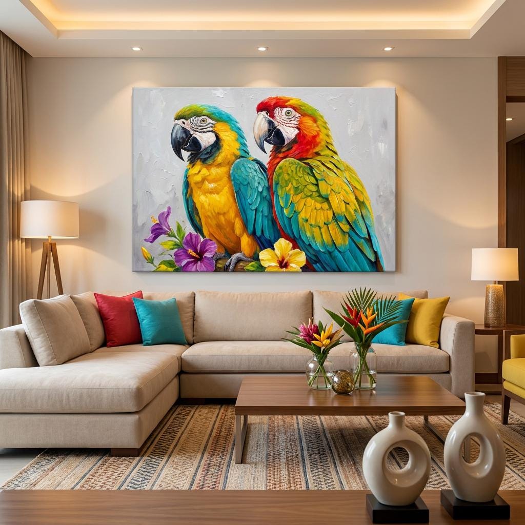 Vibrant Macaw Bird Art Print: Colorful Tropical Parrot and Floral Wall ...