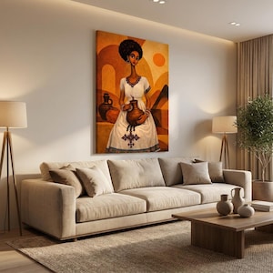 May include: A large canvas art print depicts a woman in a white dress holding a brown jug. The background features abstract shapes in shades of orange and brown. The woman has dark hair and is wearing gold earrings. Two brown jugs are on the left side of the artwork.