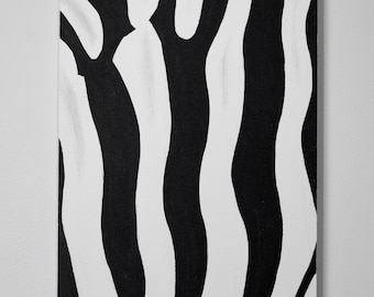 Cuadro abstracto original en acrílico de gran formato en blanco y negro, arte mural de cebra, hecho a mano sobre lienzo tensado, no es una impresión, listo para colgar.