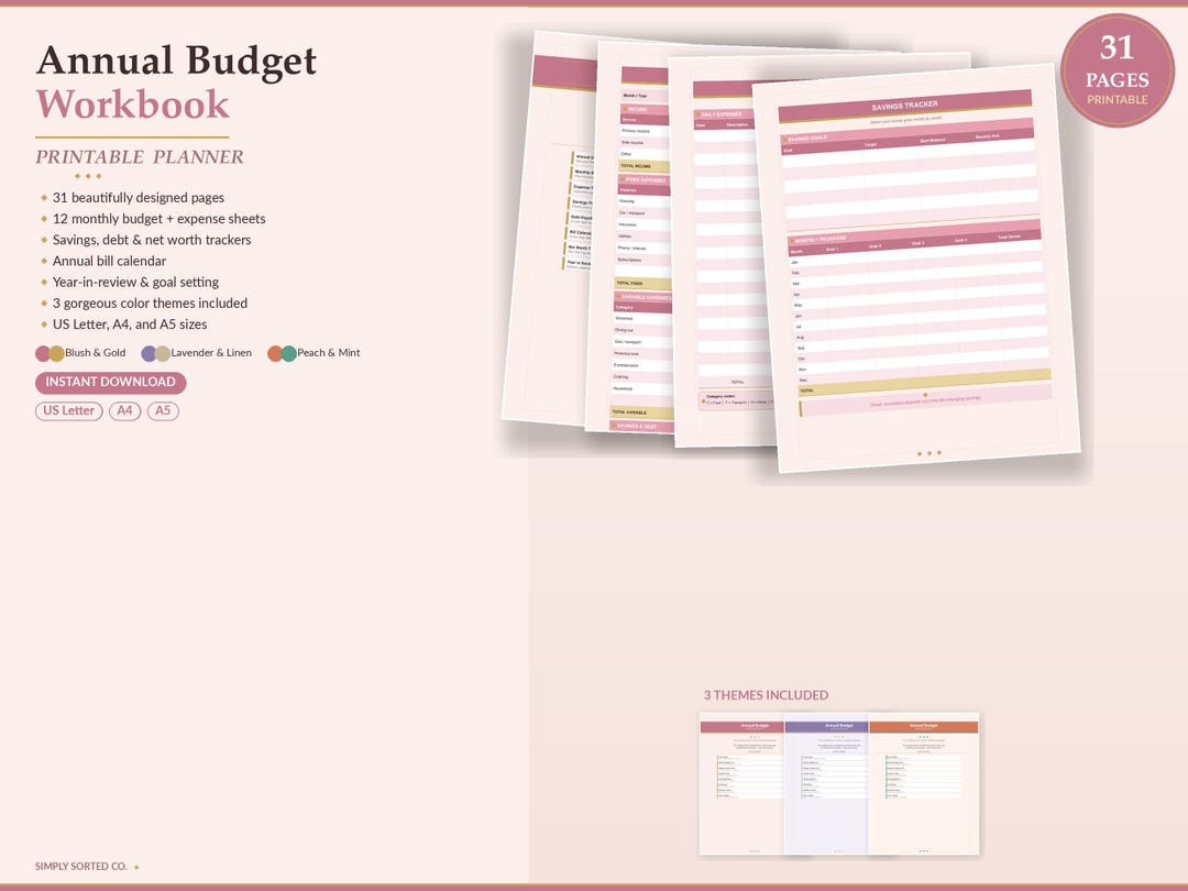 Annual Budget Workbook: Printable Planner (instant Download PDF) - Etsy