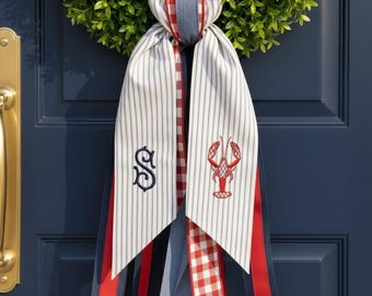 Personalized Lobster Wreath Sash, Coastal Monogram Door Bow, Embroidered Nautical Decor