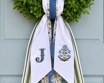 Personalized Embroidered Wreath Sash, Blue Floral Block Print, Monogram Door Bow, Cottagecore Decor