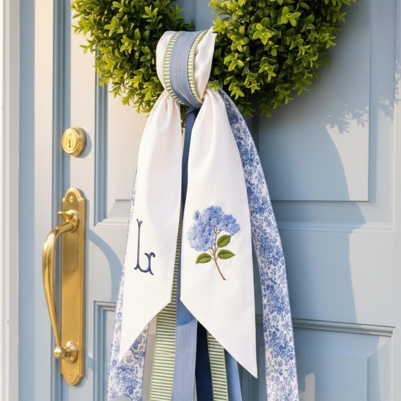 Puede incluir: Una corona de boj verde adornada con una cinta decorativa con extremos de tela blanca, uno bordado con una flor de hortensia azul y el otro con una letra monograma L azul marino, acentuada por cintas de tela con motivos florales y rayas.