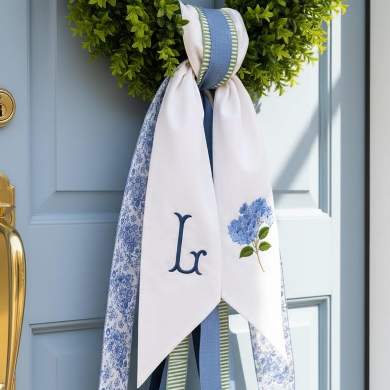 Puede incluir: Un adorno para puerta que consiste en una corona de boj verde decorada con un lazo de tela de varias capas. El lazo incluye cintas de tela blanca, una bordada con la letra L en azul marino y la otra con una flor de hortensia azul.