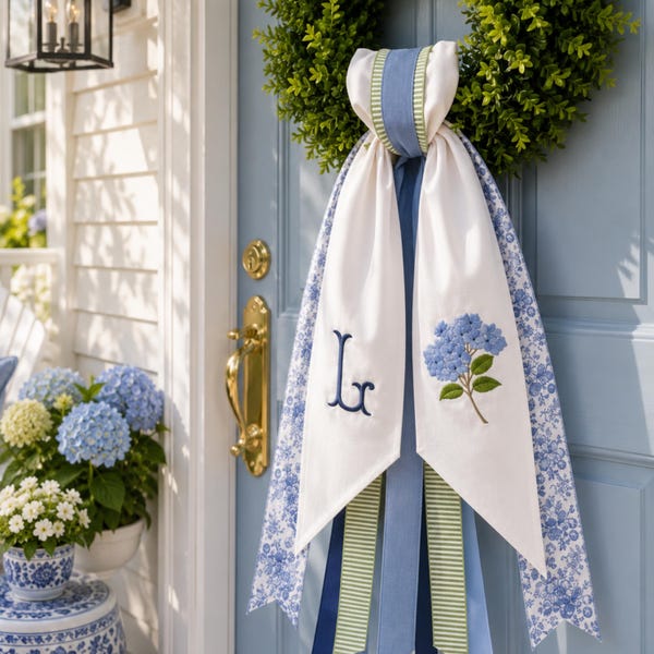 Personalized Hydrangea Wreath Sash, Embroidered Floral Door Decor, Garden Accent, Monogram Ribbon Option