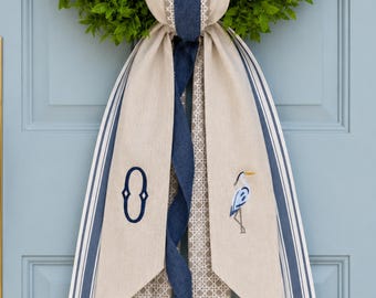 Personalized Blue Heron Wreath Sash, Coastal Monogram Door Bow, Embroidered Beach House Decor