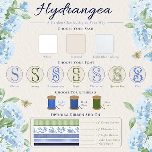 Puede incluir: Una gu&iacute;a de personalizaci&oacute;n para productos Hydrangea con opciones de fajas en blanco, natural o rayas azul claro, siete fuentes, tres colores de hilo y cinco cintas de 2,5 cm a 6,35 cm de ancho con diversos dise&ntilde;os y colores.