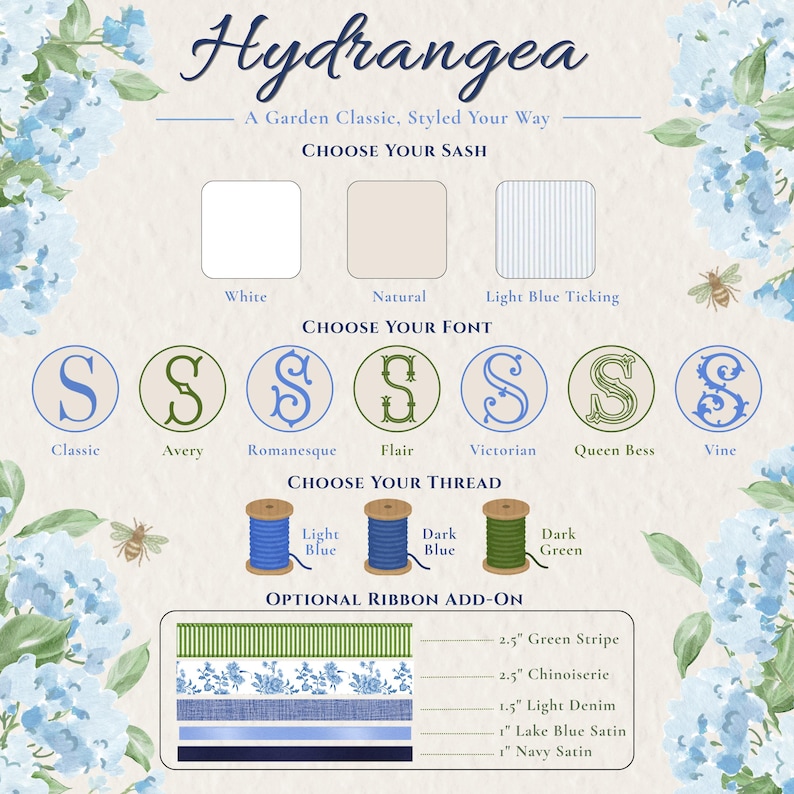 Puede incluir: Una gu&iacute;a de personalizaci&oacute;n para productos Hydrangea con opciones de fajas en blanco, natural o rayas azul claro, siete fuentes, tres colores de hilo y cinco cintas de 2,5 cm a 6,35 cm de ancho con diversos dise&ntilde;os y colores.