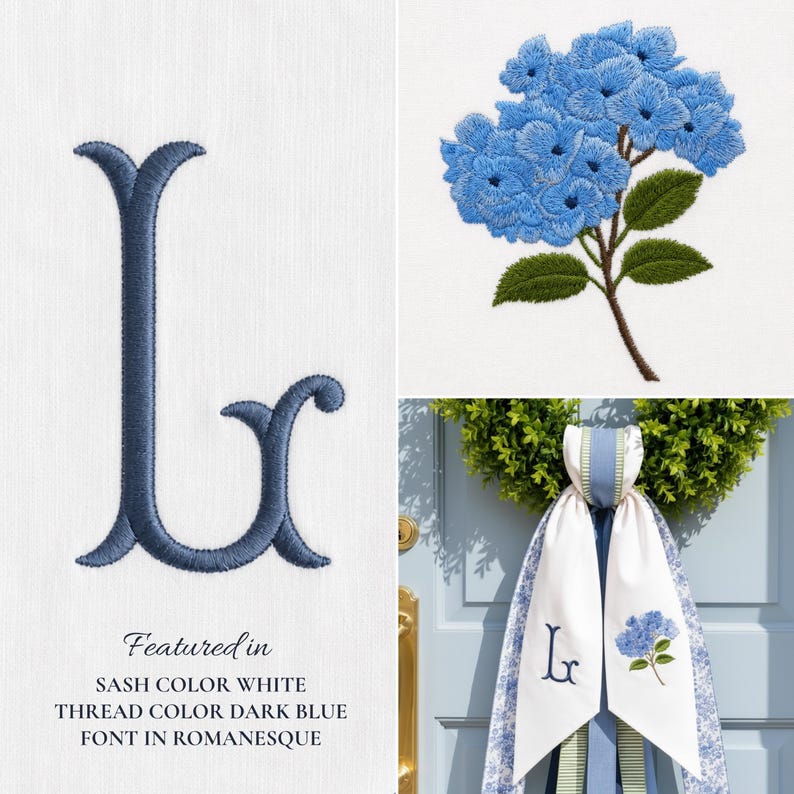 Puede incluir: Una banda de tela blanca con la letra L bordada en azul oscuro en fuente rom&aacute;nica y una flor de hortensia azul con hojas verdes. La banda se muestra colgada en una puerta, exhibiendo claramente los detalles del bordado y el dise&ntilde;o floral.