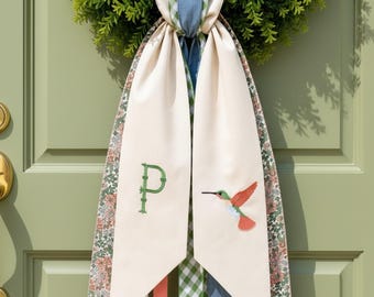 Personalized Hummingbird Wreath Sash, Embroidered Front Door Decor, Spring Summer Wreath Ribbon