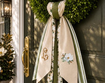 Embroidered Magnolia Wreath Sash, Personalized Monogram Door Bow, Southern Floral Decor, Wreath Ribbon