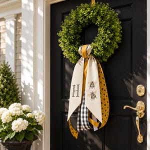 Personalized Bee Wreath Sash, Embroidered Monogram Door Bow, Spring Summer Garden Decor