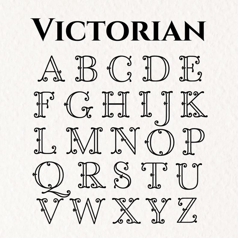 Puede incluir: Una pantalla gr&aacute;fica en blanco y negro que presenta la palabra VICTORIAN en una fuente serif negrita en la parte superior, seguida del alfabeto ingl&eacute;s completo de la A a la Z en una tipograf&iacute;a decorativa de doble l&iacute;nea con adornos.