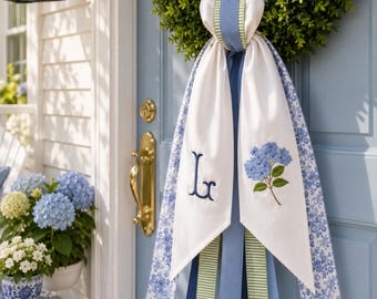 Personalized Hydrangea Wreath Sash, Embroidered Floral Door Decor, Garden Accent, Monogram Ribbon Option