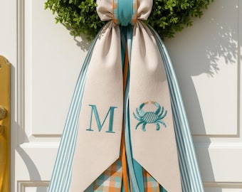 Personalized Crab Wreath Sash, Coastal Monogram Door Bow, Embroidered Beach House Decor