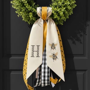 Personalized Bee Wreath Sash, Embroidered Monogram Door Bow, Spring Summer Garden Decor