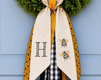 Personalized Bee Wreath Sash, Embroidered Monogram Door Bow, Spring Garden Decor