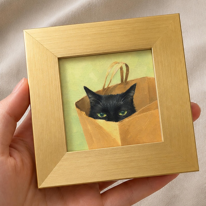 Mini Hand Painted Oil Painting on Canvas, Cute Cat Art,small Framed Cat ...