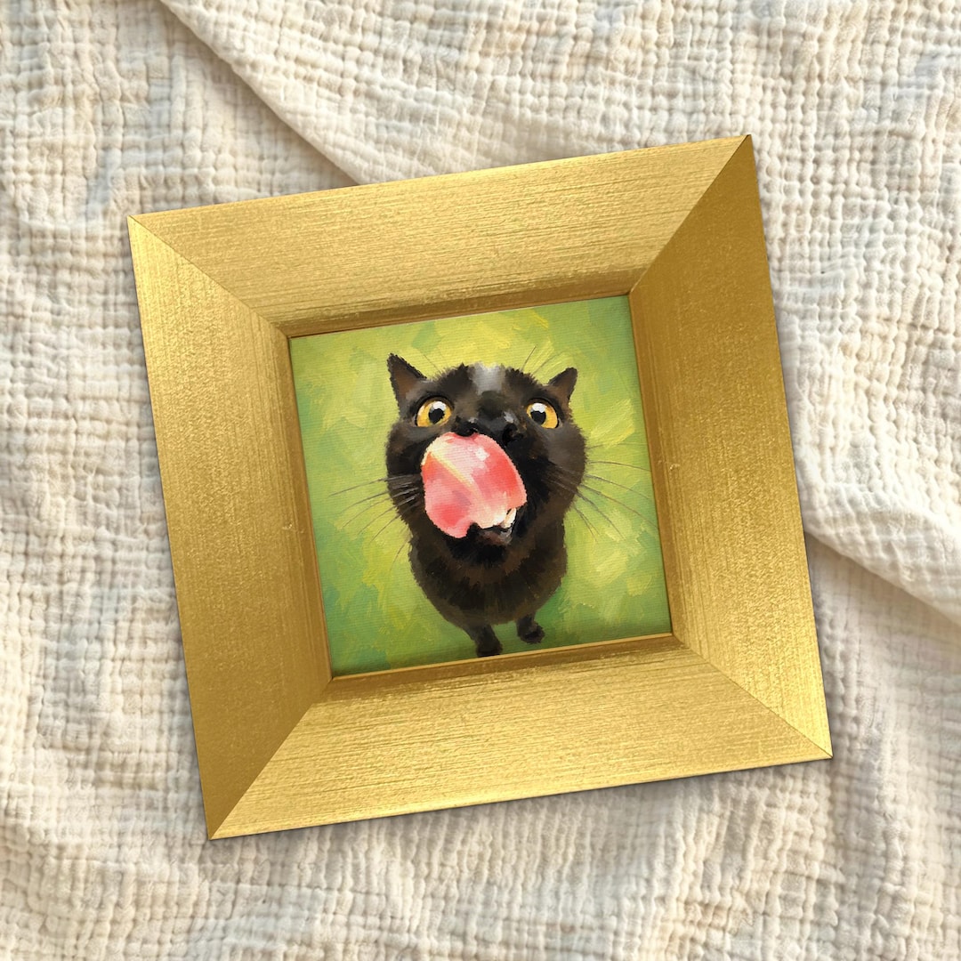 Mini Hand Painted Oil Painting on Canvas, Cute Cat Art,small Framed Cat ...