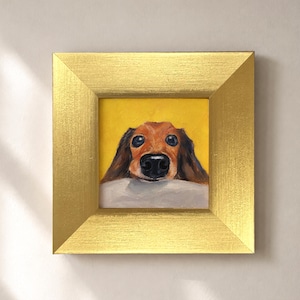 Peeking Dachshund,Small Framed Dog Painting, 3x3 Original Mini Oil Art, Cute Animal Decor, Tiny Vintage Pet Wall Art,Cute Dachshund Painting