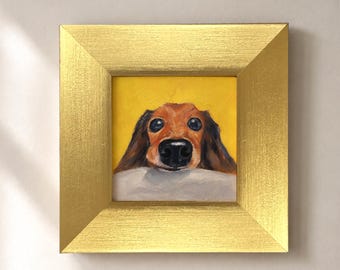 Peeking Dachshund,Small Framed Dog Painting, 3x3 Original Mini Oil Art, Cute Animal Decor, Tiny Vintage Pet Wall Art,Cute Dachshund Painting