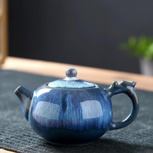 Tetera con cabeza de dragón / Tetera de cerámica con esmalte azul / Juego de té pequeño Gongfu