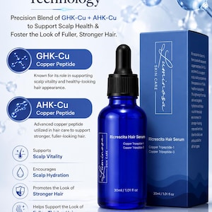 May include: A blue glass dropper bottle of Luminosa Ricrescita Hair Serum with a black cap, positioned next to its matching blue box. The packaging displays text including Advanced Copper Peptide Technology, GHK-Cu, AHK-Cu, and 30ml / 1.01 fl oz.