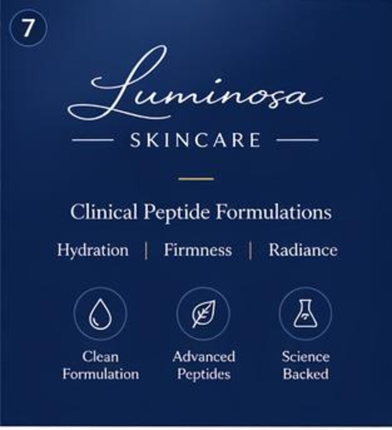 May include: A navy blue graphic featuring the text "Luminosa SKINCARE" in a white script font. Below, it reads "Clinical Peptide Formulations" with the words "Hydration, Firmness, Radiance" underneath. Icons and text describe the product as a "Clean Formulation", "Advanced Peptides", and "Science Backed".
