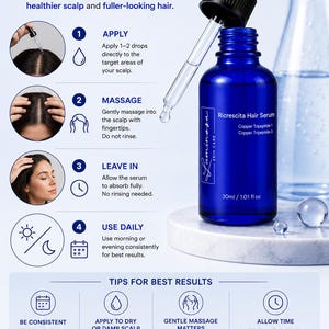 May include: A 30ml blue glass bottle of Luminosa Ricrescita Hair Serum with a black dropper cap. The label lists Copper Tripeptide-1 and Copper Tripeptide-3. The graphic includes instructions for application, massage, and daily use for scalp care.