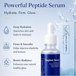 May include: A bottle of Bagliore Serum with a white dropper and a blue label, next to a white and blue box. The text "Powerful Peptide Serum" and "Hydrate. Firm. Glow." are at the top. The box says "Luminosa SKIN CARE".
