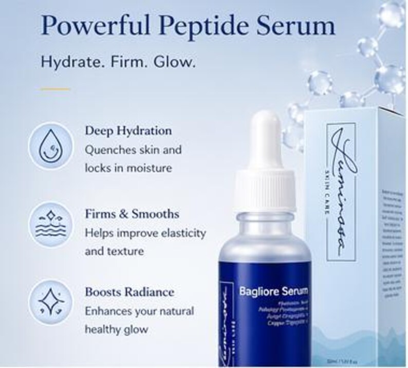 May include: A bottle of Bagliore Serum with a white dropper and a blue label, next to a white and blue box. The text "Powerful Peptide Serum" and "Hydrate. Firm. Glow." are at the top. The box says "Luminosa SKIN CARE".