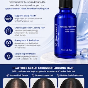 May include: A blue glass dropper bottle of Ricrescita Hair Serum, 30ml/1.01 fl oz, labeled with Copper Tripeptide-1 and Copper Tripeptide-3. The image includes text about scalp health, hair density, and a before-and-after comparison over 16 weeks.