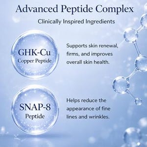 May include: An image with a blue background features text and graphics related to skincare. The text reads "Advanced Peptide Complex" and "Clinically Inspired Ingredients." Two circular graphics highlight "GHK-Cu Copper Peptide" and "SNAP-8 Peptide," with descriptions of their benefits.