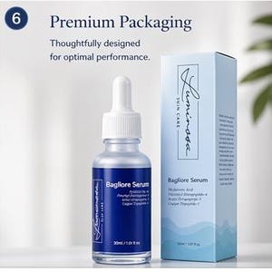 May include: A clear glass bottle of Bagliore Serum with a white dropper and a blue label. The bottle is next to a tall, light blue box with the Luminosa Skin Care logo and the words "Bagliore Serum". The box and bottle are on a white background.