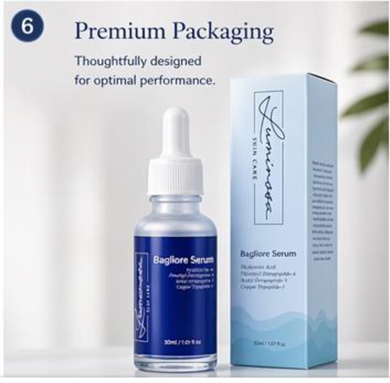 May include: A clear glass bottle of Bagliore Serum with a white dropper and a blue label. The bottle is next to a tall, light blue box with the Luminosa Skin Care logo and the words "Bagliore Serum". The box and bottle are on a white background.