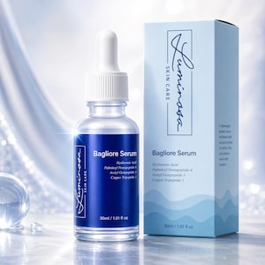 May include: A clear glass bottle of "Bagliore Serum" with a white dropper and a blue label. The label lists ingredients and the brand name "Luminosa Skin Care". A matching blue box is next to the bottle, also displaying the brand and product name.