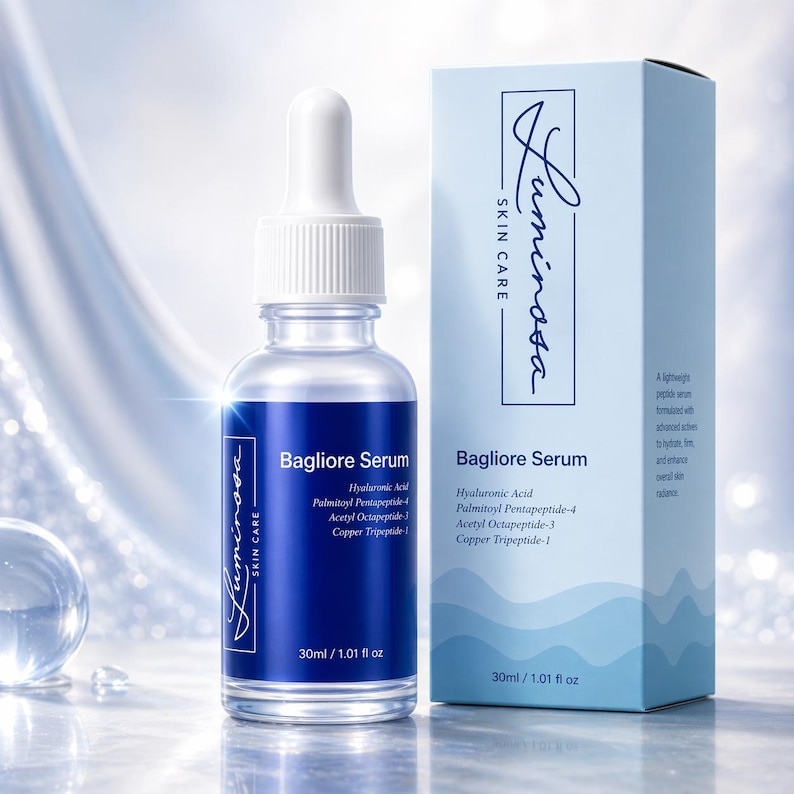 May include: A clear glass bottle of "Bagliore Serum" with a white dropper and a blue label. The label lists ingredients and the brand name "Luminosa Skin Care". A matching blue box is next to the bottle, also displaying the brand and product name.