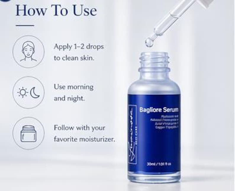 May include: A blue and silver Bagliore Serum bottle with a dropper dispensing a drop of serum. The bottle has a white label with the text "Bagliore Serum" and "30ml / 1.01 fl oz". Instructions on how to use the serum are also included.