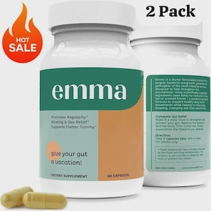Pode incluir: Duas garrafas brancas de suplementos com rótulos verdes e laranja, com o nome "emma" e textos que promovem a saúde intestinal. A imagem inclui duas cápsulas e um gráfico "HOT SALE".