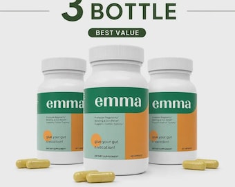 May include: Three white supplement bottles with green and orange labels, and the name "emma". The text reads "Promotes Regularity, Bloating & Gas Relief, Supports Flatter Tummy". The phrase "glue your gut a vacation!" is also visible.